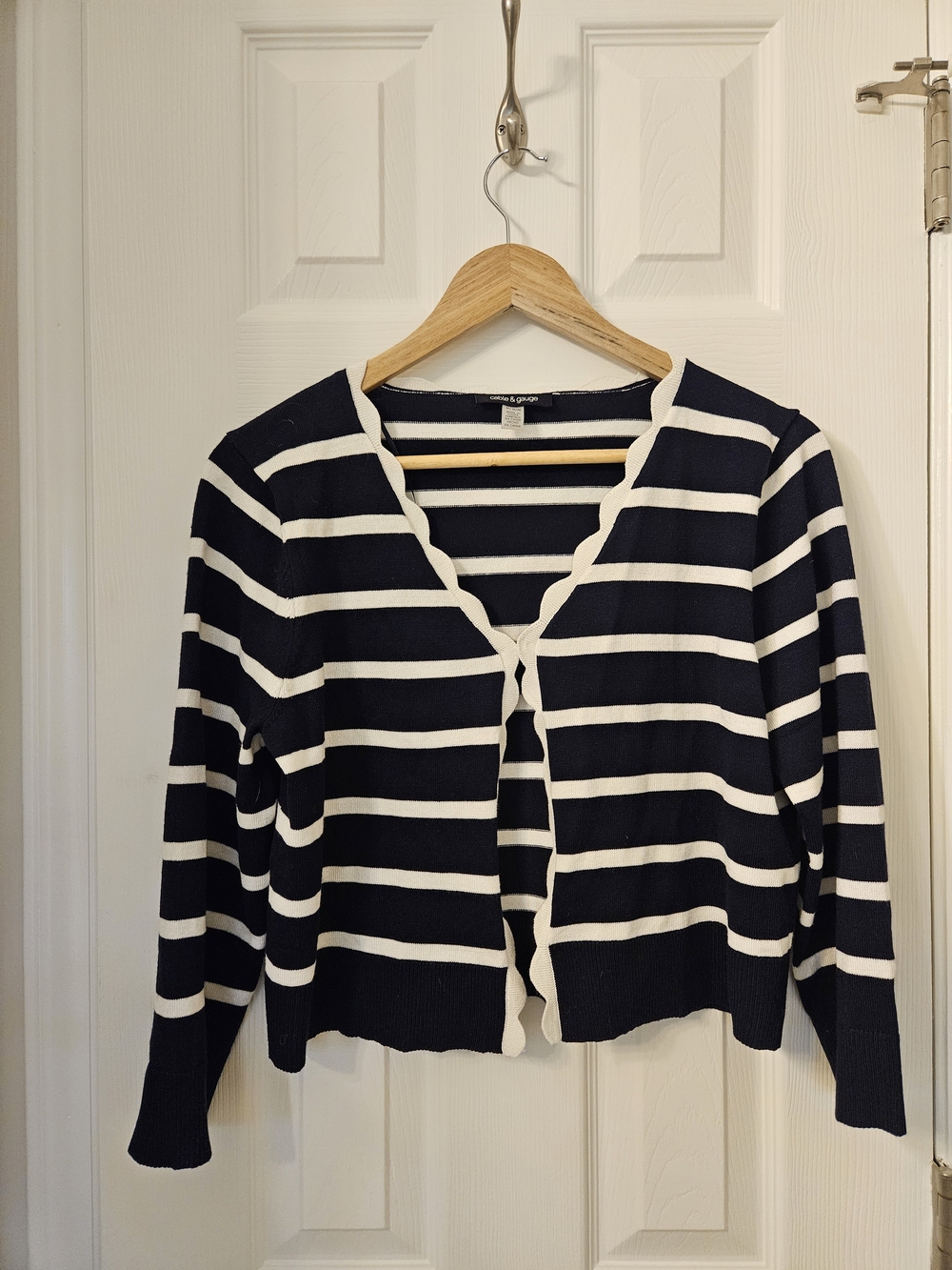 Cable & Gauge Navy and White Scalloped-Edge Striped Cardigan